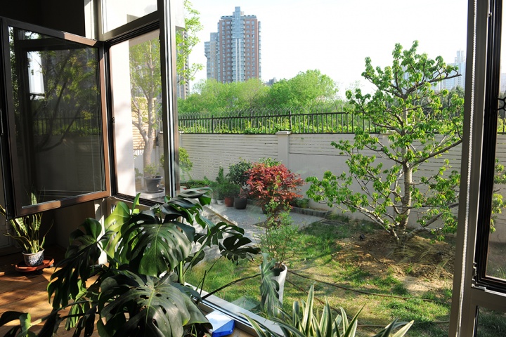一楼的角度会看见更多院内的景物，也可以看见围墙外的绿树
