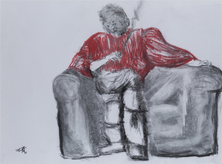 《抽烟男子像》 44.5×59.5cm 纸本素描 2015
《抽烟男子像》 44.5×59.5cm 纸本素描 2015