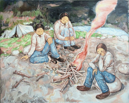 李继开 《烧火》 80×100cm 布面丙烯 2016
李继开 《烧火》 80×100cm 布面丙烯 2016