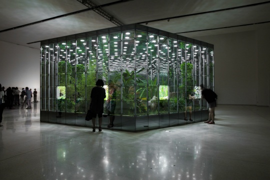 邓国源作品《诺亚花园》，单边长4.5米，高3.5米，直径9米，面积53平方米，铝合金钢架，玻璃（镜面），LED照明灯，半自动旋转门，植物，假山石，2015
