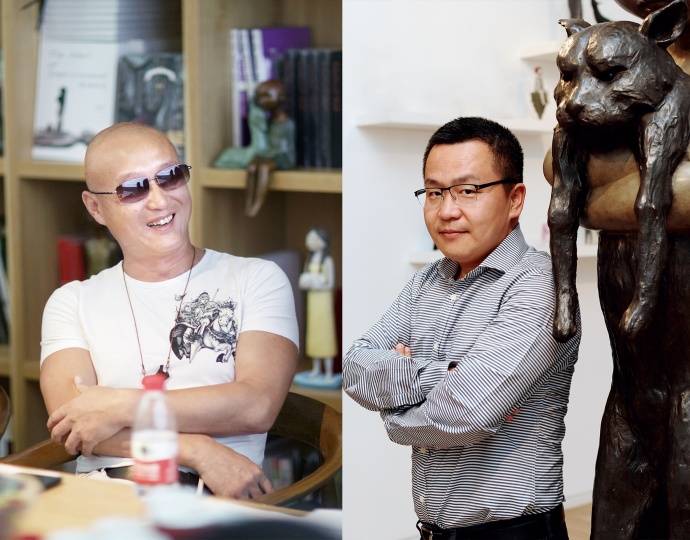 《中国雕塑》执行主编 唐尧（左）、“新雕塑2016”策展人、Hi艺术中心出品人 伍劲

