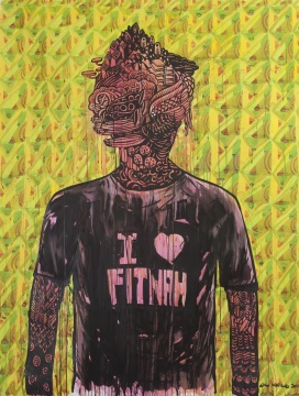 《I Love Fitnah》 200x150cm ecoline, india ink on paper 2014
《I Love Fitnah》 200x150cm ecoline, india ink on paper 2014