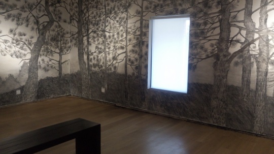 二楼展厅内，吴小武用碳灰所画作品《重复山》
