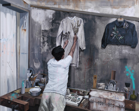 《植物学.H-在后院制作一件有植物图案的衣服》 130×162cm 布面油画 2016
《植物学.H-在后院制作一件有植物图案的衣服》 130×162cm 布面油画 2016