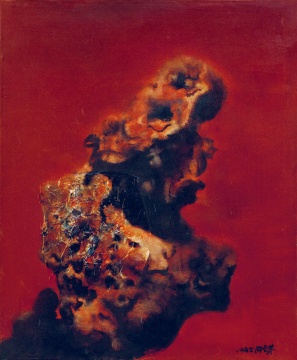 Lot 54 周春芽 《太湖红石》 73×60.5cm 布面油画 1995

估价：80万-120万元

 

王从卉：90年代的芽叔浑身都是才气，一挥笔都是精彩。初看《太湖红石》，如遇灵石之内孕育的天地灵猴，吸取千年天地精华，即刻将彻底幻化成猴王，盘踞石上，引颈后望。周围一团火红，预示着天地间将显一个千年不遇的齐天大圣，搅得那天地大乱。这哪里是什么瘦、漏、透的太湖红石，分明是一块妖仙合体的神石。画面黑红之间充满呼之欲出的张力，笔触时而浑厚揉转、时而铿锵顿挫，石之粗粝，气之韵动皆随心所欲。 

 

推荐作品十三：李超士 《丰收》——应该被纳入20世纪绘画的系统收藏
