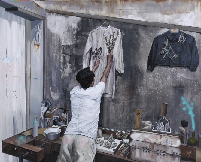 《植物学.H-在后院制作一件有植物图案的衣服》 130×162cm 布面油画 2016
《植物学.H-在后院制作一件有植物图案的衣服》 130×162cm 布面油画 2016