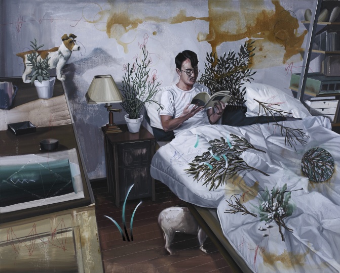 《植物学.L-枕边植物书》 130×162cm 布面油画 2016
《植物学.L-枕边植物书》 130×162cm 布面油画 2016