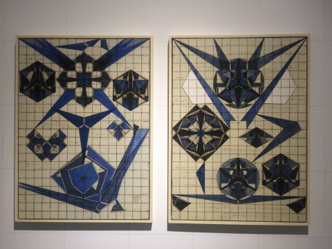 《5-5》 110×80cm  中性水笔、油彩、明胶、树脂、布面纸本拼贴 2016、《5-6》 110×80cm  中性水笔、油彩、明胶、树脂、布面纸本拼贴 2016