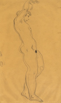常玉《舞中裸女》 47.5×28 cm 碳笔 水墨 纸本 

估价：HKD 120,000 -180,000

 

 

另一件则为常玉深受贾科梅蒂影响时期，创作的瘦长人物造型作品《卷发裸女》; 正面的身体特写，修长的上肢垂立，下垂的乳房带有几分夸张的戏谑效果，令人玩味。
