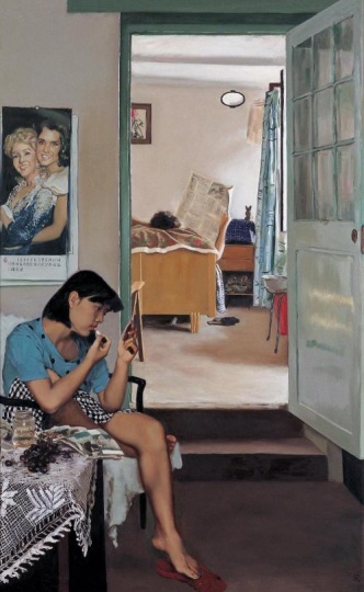 《涂口红的女孩》170×109cm 布面油画 1990 由泰康保险集团股份有限公司收藏
