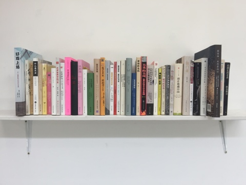 秦观伟把自己书架上关于艺术理论、批评、策展等方面的书按他设计的次序排放于书架，书名从左至右阅读起来就像一个关于当代艺术的“前世今生”的故事。
