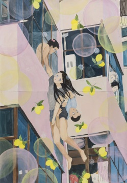 刘茵《跳楼女子》，2015年，铅笔，水彩，丙烯，157.4 x 109.2cm
