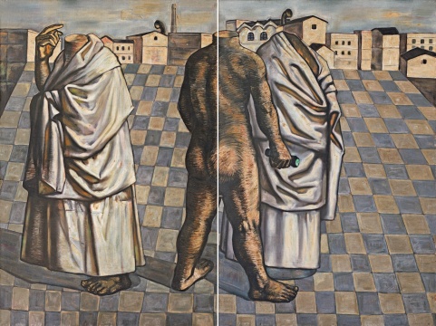 张小涛《没有头颅的行走（双联画）》180×120cm×2 布面油彩1995年
