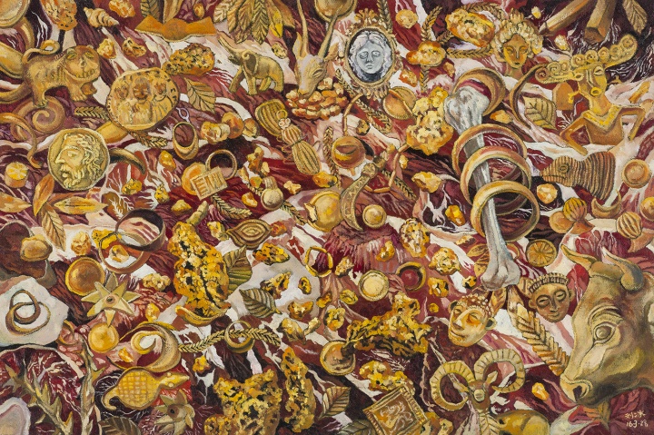 肉池 2016 布面油画 60×90cm
非洲有许多国家盛产黄金,如加纳,这两张作品正是与此相关:原始的淘金现场和已被加工成首饰的金子并置呈现,而红色的肉与夺目的金子之间又产生了刺激的视觉效果
肉池 2016 布面油画 60×90cm
非洲有许多国家盛产黄金,如加纳,这两张作品正是与此相关:原始的淘金现场和已被加工成首饰的金子并置呈现,而红色的肉与夺目的金子之间又产生了刺激的视觉效果