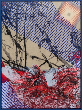 《竹潮江山图》 162×120cm 布面油画、绢本中国水墨 2017
《竹潮江山图》 162×120cm 布面油画、绢本中国水墨 2017