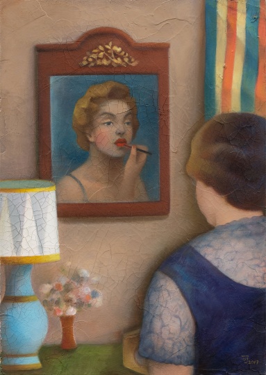 陈可 《镜中的梦露》 51.5×36.5cm  木板，油画颜料，丙烯裂纹胶 2017
