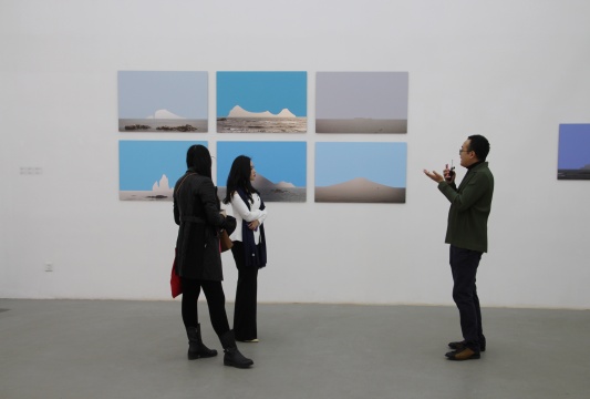 艺术家刘博大现场阐释作品《‍彼岸》这套作品源于几年前他在手机里修改过往的旅行照片
