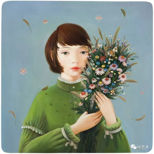 《别来无恙》 90×90cm 木板油画 2018

“我觉得与故人好久不见之后，一切安好是最完美的状态。这张取名《别来无恙》，其实也像是对我自己的一句问候。因为自己也很久没有展览，在这里，捧着鲜花的女孩很有仪式感，对自己说，好久不见，别来无恙？”
