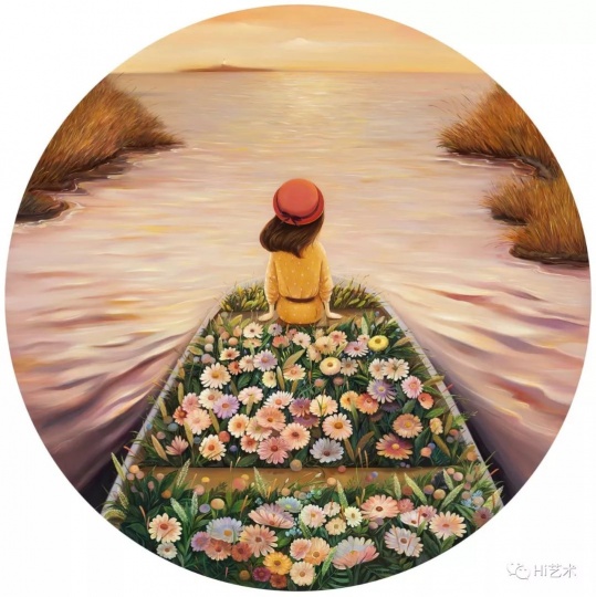《乘风破浪》 D.150cm 布面油画 2017
“这张《乘风破浪》里,其实看不到大风大浪,但是更有一种经过风浪之后的平静安稳的感觉。女孩在一艘布满鲜花的船上,向远方灯塔的方向驶去,有着明确的方向感,像家一样,引领着方向。“
《乘风破浪》 D.150cm 布面油画 2017
“这张《乘风破浪》里,其实看不到大风大浪,但是更有一种经过风浪之后的平静安稳的感觉。女孩在一艘布满鲜花的船上,向远方灯塔的方向驶去,有着明确的方向感,像家一样,引领着方向。“