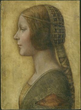 


Leonardo da Vinci
列奥纳多达芬奇


“La bella principessa” (Portrait of young woman Bianca Sforza)
美丽公主
（碧安卡桑芙丝的肖像）

 

33×23,9 cm

 

chalk and ink, black pencil, red pencil and white lead on parchment
粉笔、墨水、黑色铅笔、
红色铅笔和白铅，羊皮纸

 

1495-1496
 

