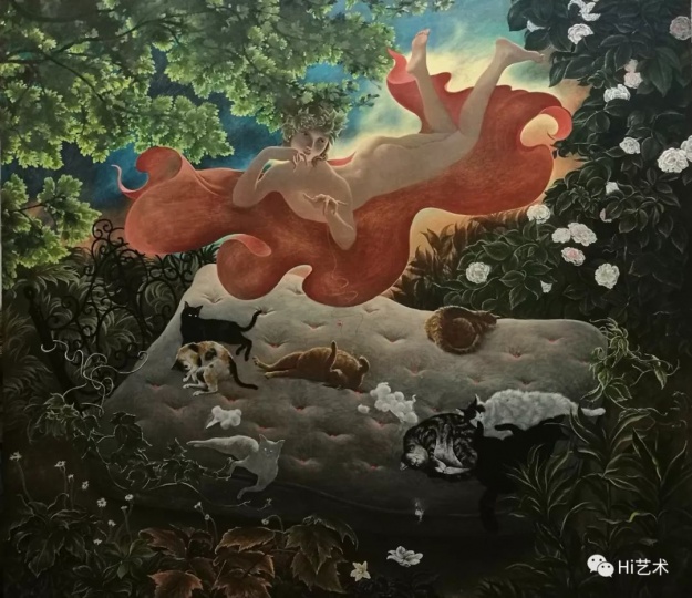 《猫园》 113×130cm 木板坦培拉 2018
《猫园》 113×130cm 木板坦培拉 2018