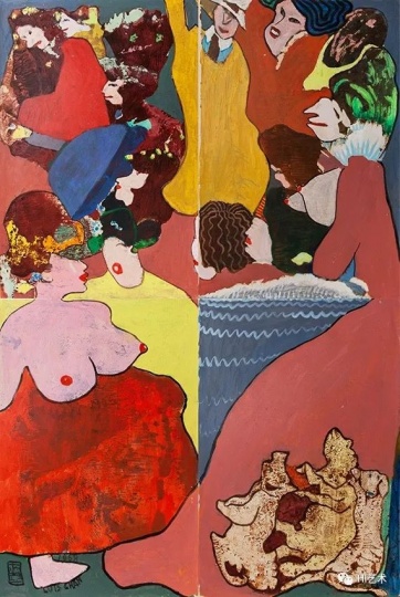 陈福善《争宠图》 152x102cm 塑胶彩纸本 1968
