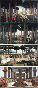 桑德罗•波提切利 《老实人纳斯塔基奧的故事》 83 x 138cm 混合材料、木板 1483  现藏于西班牙马德里普拉多美术馆。​

