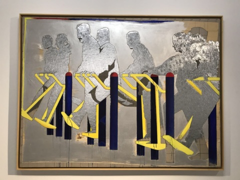臧坤坤，《调和XV》，木，亚麻布，丙烯，铅笔，水，铝，U型钉，150 x 200 x 5.5 cm，2018
