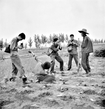 1979年5月，“星期五沙龙”在顺义东府村的拍摄活动，狄源沧摄。左起：任曙林、池小宁、王松、范生平、老农