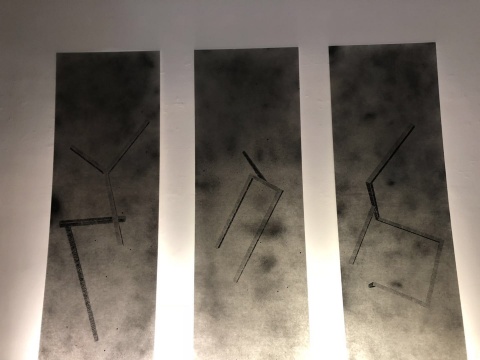 《分子之乱》 240×70×1cm×3 喷漆、石墨、宣纸、亚克力板、灯管
《分子之乱》 240×70×1cm×3 喷漆、石墨、宣纸、亚克力板、灯管