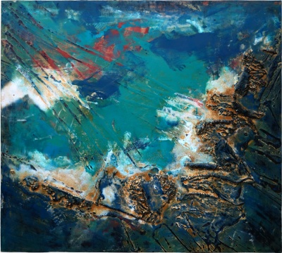 《S-18》 木板布面大漆、岩彩、综合材料 180x200cm 2018
《S-18》 木板布面大漆、岩彩、综合材料 180x200cm 2018