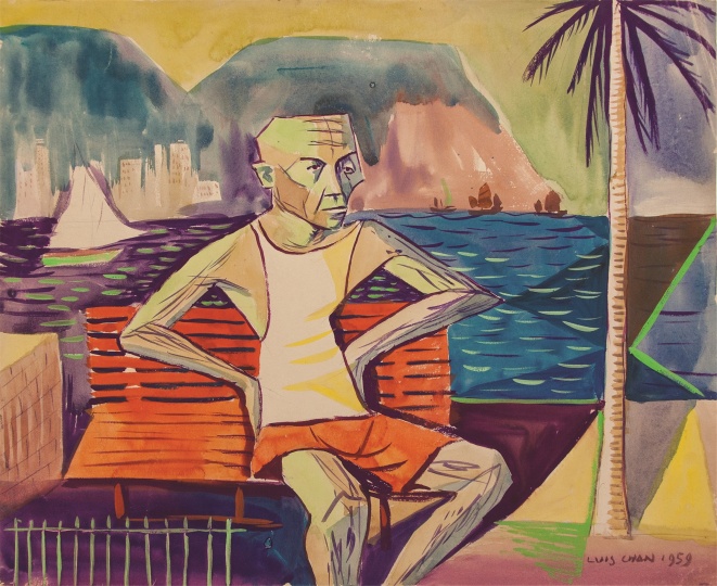 1959年,陈福善的自画像《无题》(港口傍的自画像)38×47cm 纸本水彩 1959 ©LYC私人收藏
1959年,陈福善的自画像《无题》(港口傍的自画像)38×47cm 纸本水彩 1959 ©LYC私人收藏