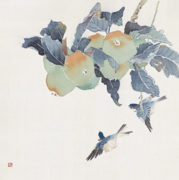 《苹果小鸟》 36cm×36cm 1985年 绢本设色
《苹果小鸟》 36cm×36cm 1985年 绢本设色