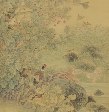 《溪谷鸣禽》 143cm×140cm 2009年 绢本设色
《溪谷鸣禽》 143cm×140cm 2009年 绢本设色