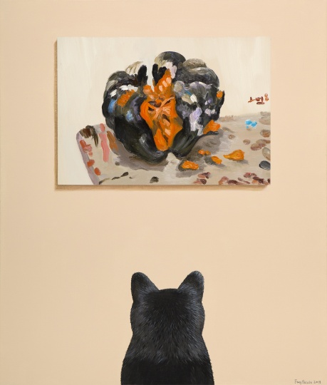 房培鑫 《黑猫观看刘小东》 70×60cm  布面油画、丙烯 2018
