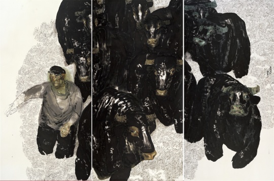 袁武 《黄昏、老头让牛群跑起来》 纸本水墨设色 320×480cm 2010
袁武 《黄昏、老头让牛群跑起来》 纸本水墨设色 320×480cm 2010