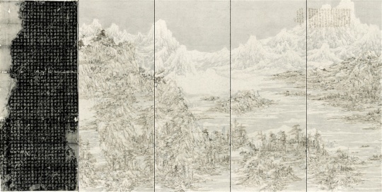 王天德 《后山图——麓山寺碑拓本》左一：259×105cm；左二至五：256.5×99.5cm×4  宣纸、墨、火焰、清代拓片  2017
