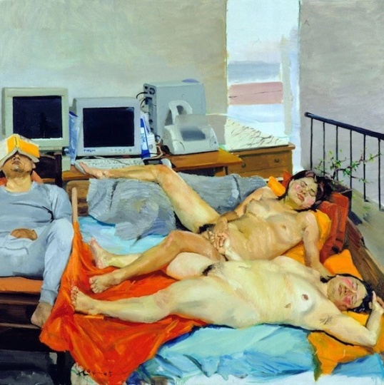刘小东《一个男人和两个女人》布面油画200×200cm 2004-2005年
刘小东《一个男人和两个女人》布面油画200×200cm 2004-2005年