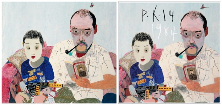 王玉平《父与子》200x160cm 布面油画、丙烯 2010(图左)
P.K.14《一九八四》专辑封面 2013年发行(图右)
王玉平《父与子》200x160cm 布面油画、丙烯 2010(图左)
P.K.14《一九八四》专辑封面 2013年发行(图右)
