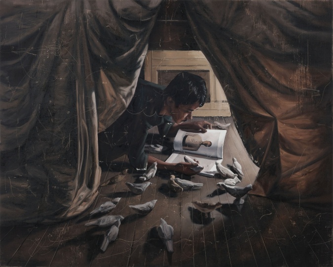 时永骏《帐篷里看书的人》130×162cm 布面油画 2019
时永骏《帐篷里看书的人》130×162cm 布面油画 2019