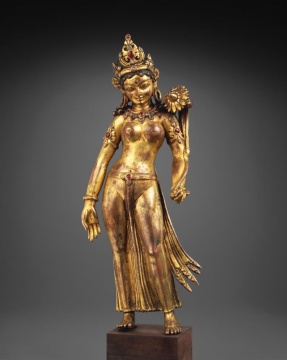 度母立像-西藏，纽瓦丽艺术家-13世纪-鎏金铜、半宝石镶嵌-高.-35cm-Tenzing-Asian-Art,-旧金山
