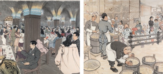 孙宗慰《灯红酒绿》《街头打粥》150×162cm×2 设色纸本 1948
孙宗慰《灯红酒绿》《街头打粥》150×162cm×2 设色纸本 1948