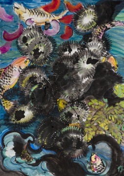 《鱼跃浮萍破》 151x108cm 纸本设色 2019
《鱼跃浮萍破》 151x108cm 纸本设色 2019