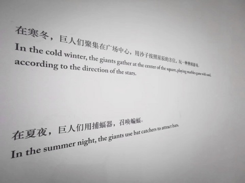 陆垒个展“荒唐小说”,“巨人的游戏”展厅墙上的文字
陆垒个展“荒唐小说”,“巨人的游戏”展厅墙上的文字