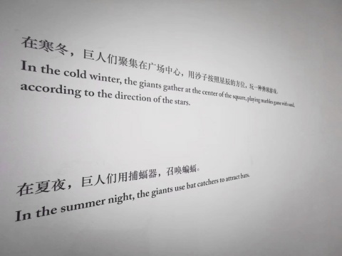 陆垒个展“荒唐小说”，“巨人的游戏”展厅墙上的文字
