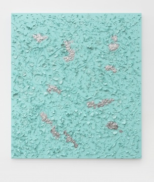 土壤之上（ 淡蓝），200 x 180 x 8 cm，木板， 植物， 丙烯颜料，2019
