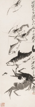 齐白石 《水族群乐》103.2cm×34.3cm 纸本水墨 1947©和美术馆
齐白石 《水族群乐》103.2cm×34.3cm 纸本水墨 1947©和美术馆