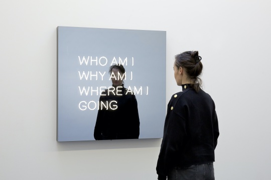 杰普·海因 《我是谁,为什么是我,我要去哪里》 100x100x10cm 粉末涂层铝、氖管、双面镜、粉末涂层钢、变压器 2017
杰普·海因 《我是谁,为什么是我,我要去哪里》 100x100x10cm 粉末涂层铝、氖管、双面镜、粉末涂层钢、变压器 2017