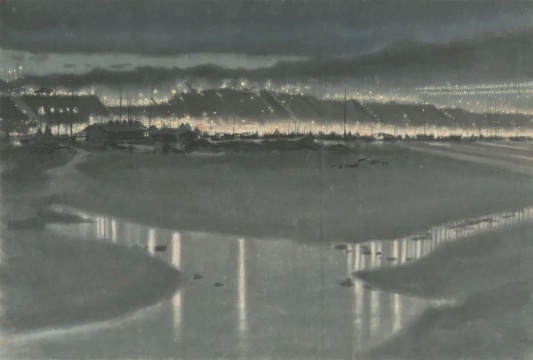 李斛 《十三陵水库工地夜景》 纸本水墨 1958
