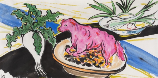 《盘中餐》68.8×138cm 纸本设色 2019
《盘中餐》68.8×138cm 纸本设色 2019